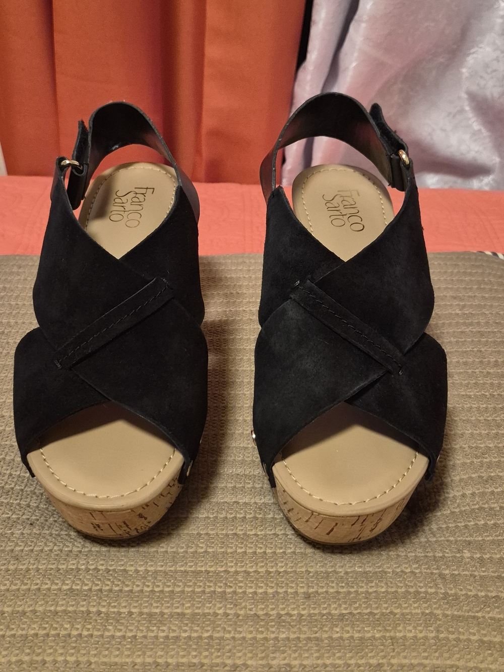 Franco Sarto Black Suede Cork Wedge Sandals